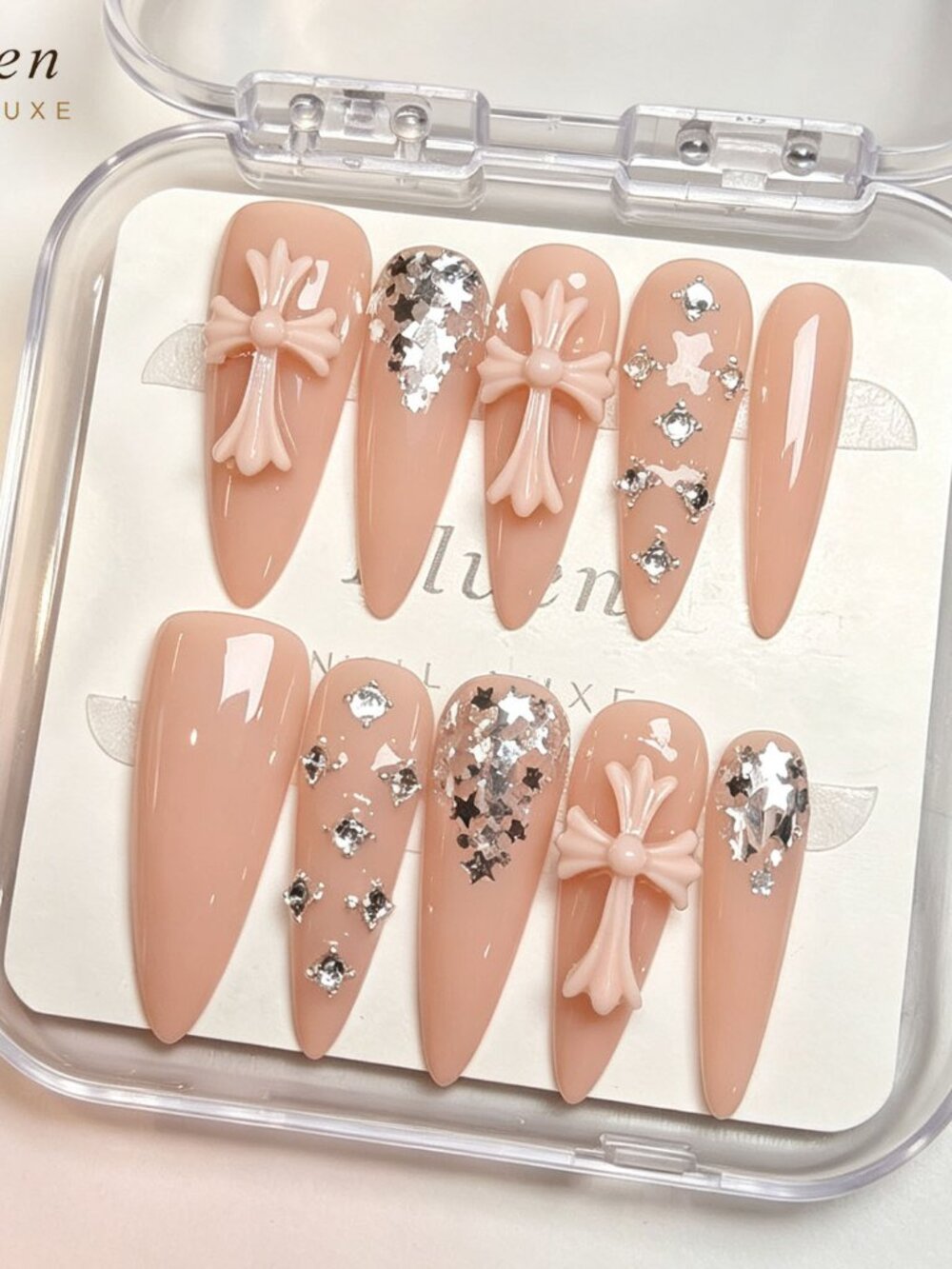 Soft Y2K Long Stiletto Press On Nails Nude Pink Cross Star Foil Rhinestones